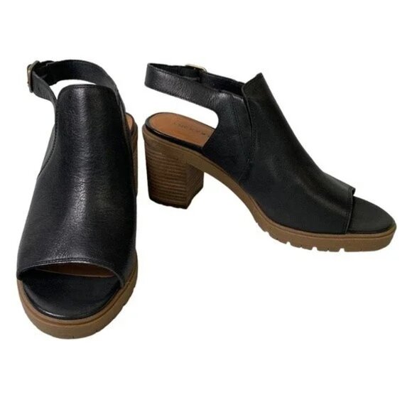 Lucky Brand Deylin Leather Lug Sole Sandal Peep Toe Sling Back Stacked Heel - Picture 2 of 4